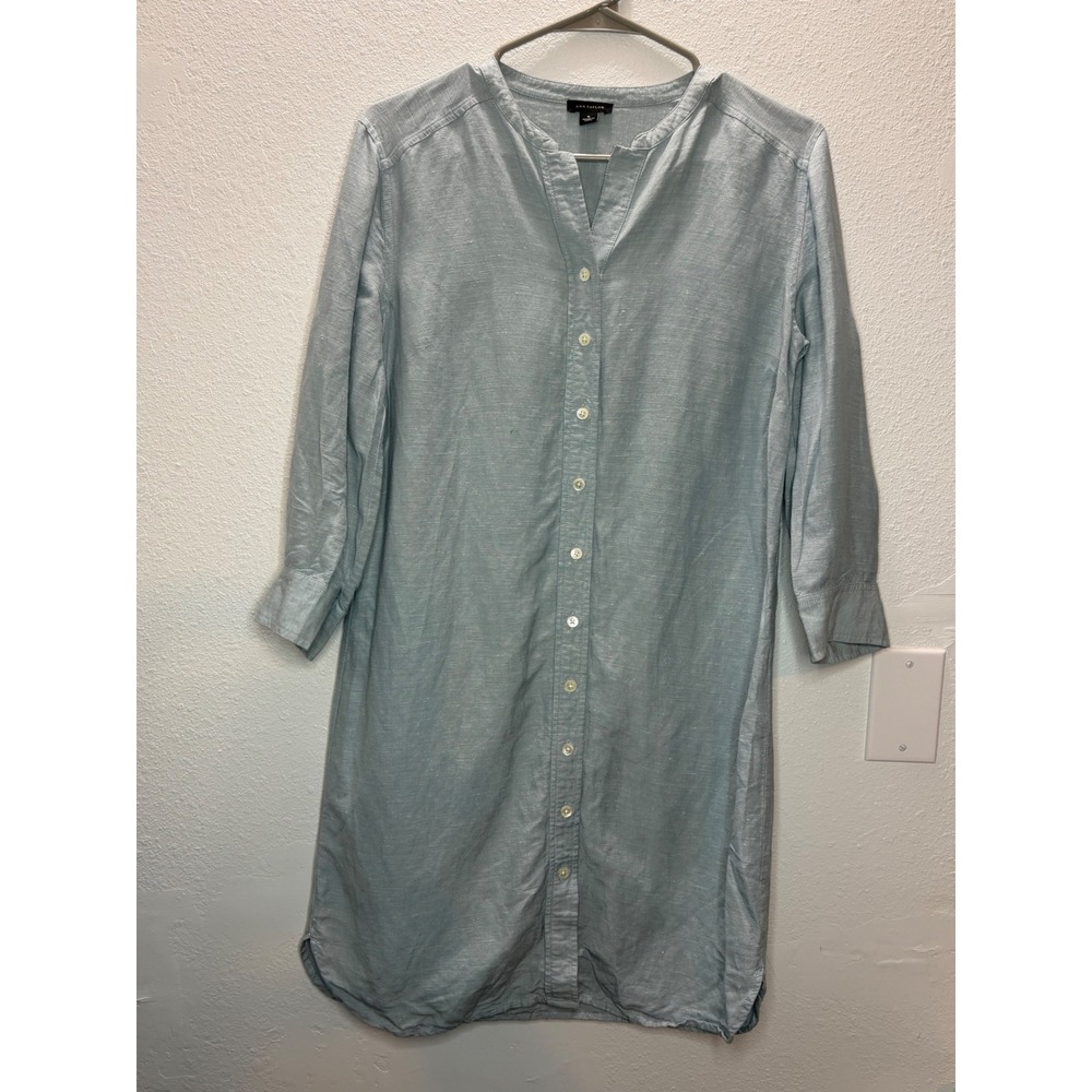 Ann Taylor Shirt Dress Womens S Blue Linen Blend 3/4 Sleeve Button‎ Front
